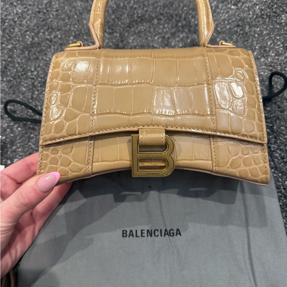 Balenciaga Tan Croc-Embossed Hourglass Top Handle Bag XS